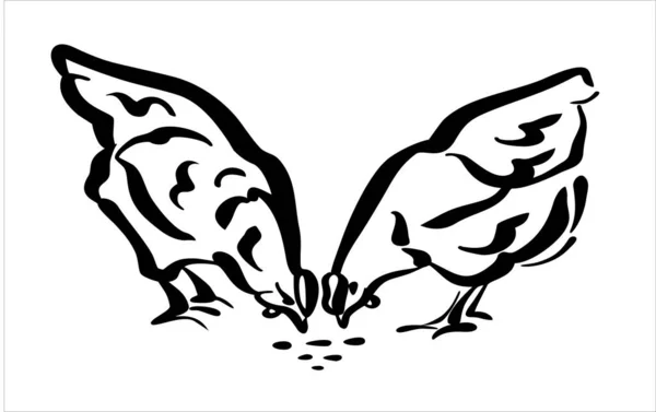 Duas galinhas jovens picam o grão. Ilustração do logotipo, em estilo preto e branco. — Vetor de Stock