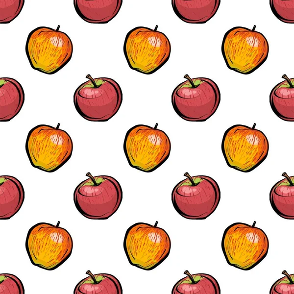 Patrón sin costuras. Manzanas rojas y anaranjadas sobre fondo blanco. Un raro patrón de lunares. Manzanas es un boceto realista. — Vector de stock