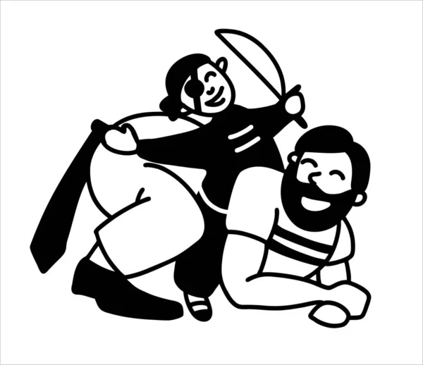 Papá juega con el bebé. Un padre monta a su hijo en su espalda, vestido como un pirata. Un divertido juego conjunto de papá y bebé. Ilustración en blanco y negro, sobre un fondo aislado, para cortar en un plotter — Vector de stock