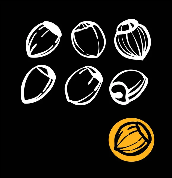 Un ensemble d'illustrations en blanc sur fond noir. Noisettes, noisettes. Logo ou logo pour impression sur le traceur. — Image vectorielle