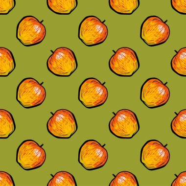 Kusursuz desen. Hardal arkaplanda portakal elması. Nadir bulunan bir benek deseni. Elma gerçekçi bir çizimdir..