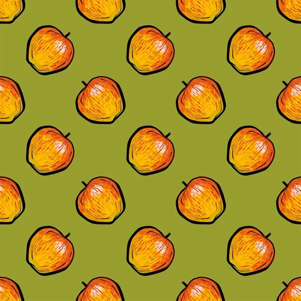 Patrón sin costuras. Manzanas anaranjadas sobre fondo mostaza. Un raro patrón de lunares. Manzanas es un boceto realista. — Vector de stock