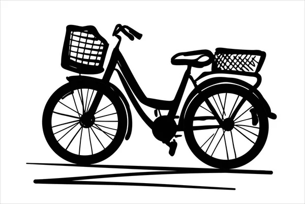 Bicicleta retro para mujer con cestas. Ilustración, un dibujo casual en blanco y negro en forma de silueta. — Vector de stock