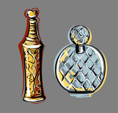 Bir dizi eski parfüm şişesi. Aromatik kozmetik. El yapımı bir çizim tarzında moda illüstrasyonuName.