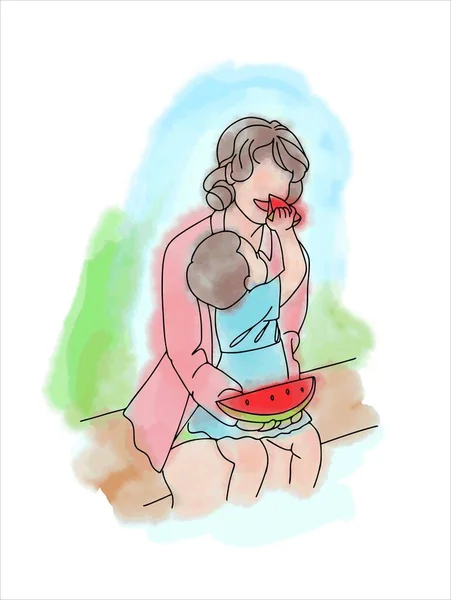Barnet sitter i sina mödrars armar och de äter en vattenmelon. Illustration i stil med linjär konst. — Stock vektor