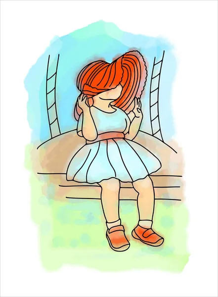 En liten flicka sitter på en gunga i mödrarnas hatt. Lite fashionista. Illustration i stil med linjär konst. — Stock vektor