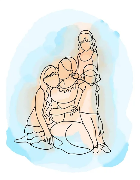 En mamma med tre barn i olika åldrar. De kramades hårt. Illustration i stil med linjär konst. — Stock vektor