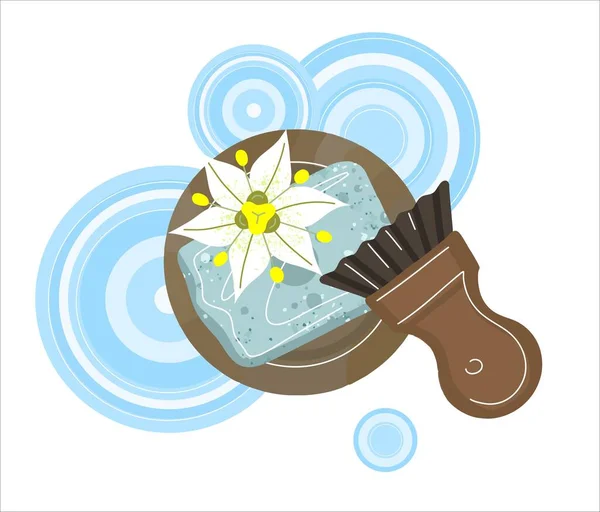 The composition of natural eco-friendly cosmetics. Soap with a whisk brush on the background of water drops. An illustration in a simple, minimalistic flat style. — Stock Vector