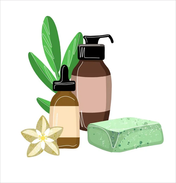 The composition of natural eco-friendly cosmetics. Soap with cream and bubbles and a white flower on the background of foliage. An illustration in a simple, minimalistic flat style. — стоковый вектор