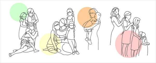 Familj, mor med barn, stor familj, mormor med barnbarn, gravid. En uppsättning illustrationer i linjär stil. — Stock vektor