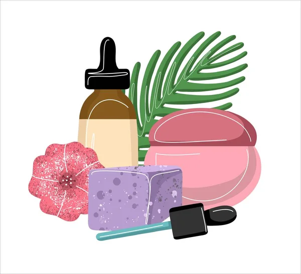De samenstelling van natuurlijke milieuvriendelijke cosmetica. Crèmes en tubes met een roze bloem op de achtergrond van gebladerte. Een illustratie in een eenvoudige, minimalistische platte stijl. — Stockvector