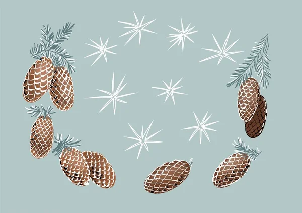 Fir cones and stars on a blue background. A set of color stylized illustrations for the design of trending banners. — Vetor de Stock