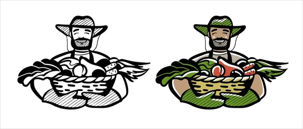 Een sterke gebruinde man boer houdt een mand met een oogst van groenten. Een landbouwkundige in een hoed en handschoenen met planten. Een set van kleur logo en een zwart-wit bord. — Stockvector