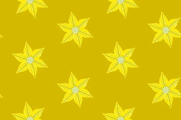 Seamless pattern, yellow geometric flowers, similar to stars, in a simple pattern on a mustard background. A delicate ornament for the background. — Vetor de Stock