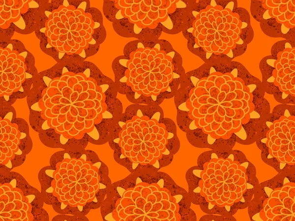 Seamless pattern, orange geometric marigold flowers, in a simple pattern on an orange background. A bright ornament for the autumn background. — ストックベクタ