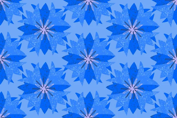 Seamless pattern, blue geometric stylized cornflower flowers, in a simple pattern on a blue background. Bright ornament. — Wektor stockowy