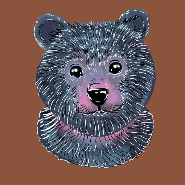 A cute bear is looking at us. An illustration in the style of a hand drawing. Stylized blue cute teddy bear for children. On an isolated brown background. — Wektor stockowy