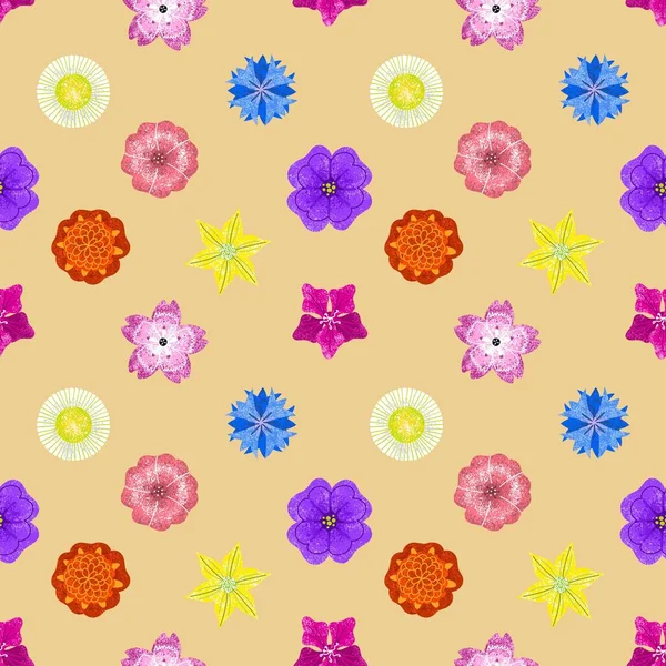 Seamless pattern. Colorful bright geometric flowers. A small rare pattern on a beige background. — Stock Vector