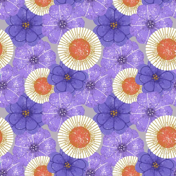 Seamless pattern. Large geometric flowers with a retro texture. Lilac Petunia with white chamomile. — ストックベクタ