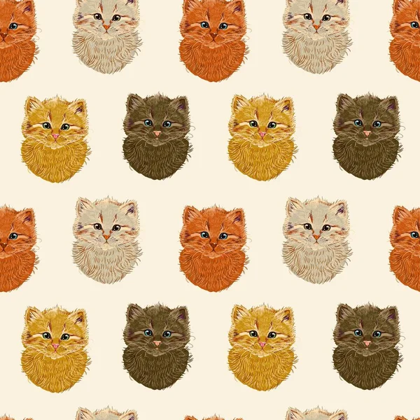 Seamless pattern. Kittens in the retro print style. Brown and beige colors. — ストックベクタ