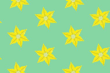 Kusursuz desen, sarı geometrik çiçekler, yıldızlara benzer, basit bir desen içinde, mükemmel bir arkaplanda. Arka plan için hassas bir süs..
