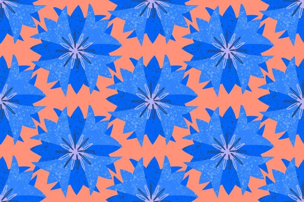 Płynny wzór, niebieskie geometryczne stylizowane kwiaty chabry, w prostym wzorze na tle koralowym. Jasna ozdoba. — Wektor stockowy