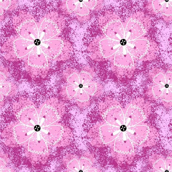 Бесшовный шаблон. Розовые геометрические стилизованные цветы с брызгами текстуры на розовом фоне. — стоковый вектор