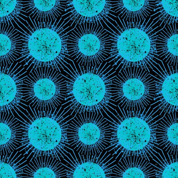 Patrón sin costuras. Microbio virus redondo azul sobre fondo negro. En el estilo de abstracción de textura realista. — Archivo Imágenes Vectoriales