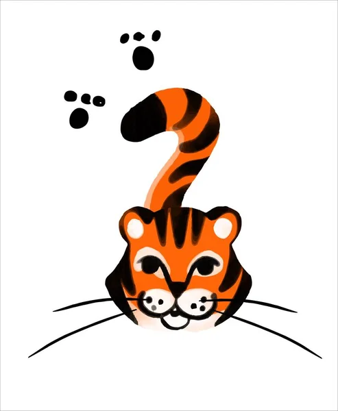 Cub tigre mignon dans un style aquarelle. Une tête avec une queue et des traces. — Image vectorielle