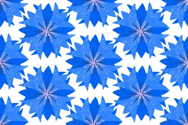 Płynny wzór, niebieskie geometryczne stylizowane kwiaty chabry, w prostym wzorze na białym tle. Jasna ozdoba. — Wektor stockowy