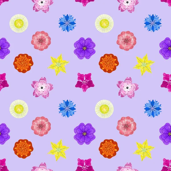 Padrão sem costura. Flores geométricas brilhantes coloridas. Um pequeno padrão raro em um fundo lilás. —  Vetores de Stock