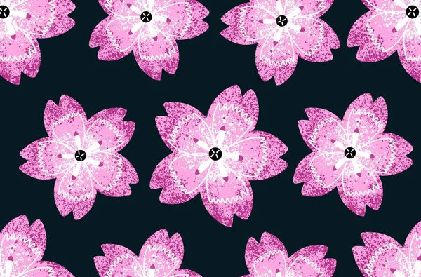 Бесшовный шаблон. Розовые геометрические цветы с текстурой на черном фоне. — стоковый вектор