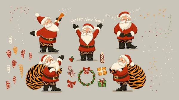 Egy nagy készlet. Vicces Mikulás rajzfilm stílusban különböző pózok elemei karácsony és újév. — Stock Vector