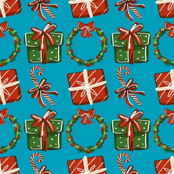 Patrón sin costuras. Regalos de Navidad con dulces y una corona sobre un fondo azul. — Archivo Imágenes Vectoriales