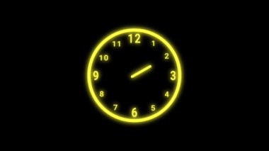 Simple clock animation in golden neon light. Glowing loop graphic animation of time and clock. Clock symbol and icon.