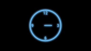 Loop clock animation in simple blue glowing noen light. Clock icon and symbol.