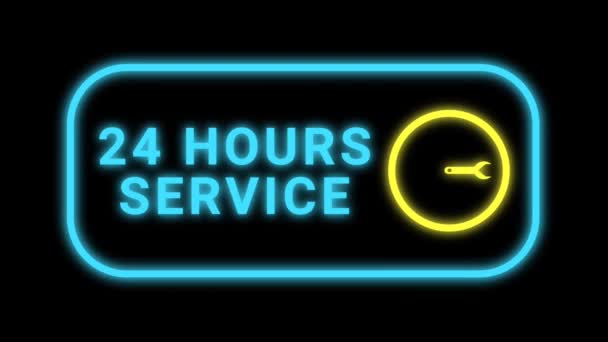 モーションアニメーションで24時間サービスアイコンを解凍します 青と金色のネオン色の時計の修理ツール部品を使用してください サービスのループアニメーション — ストック動画