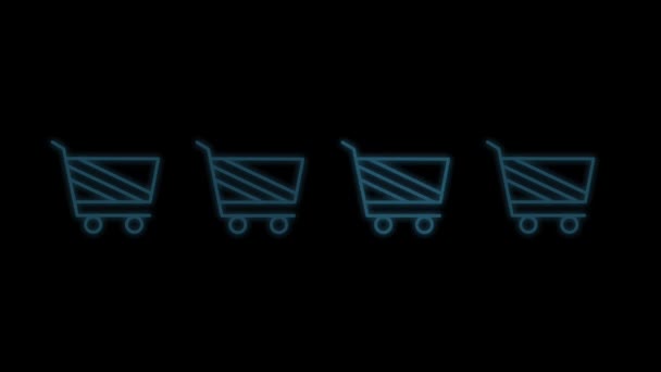 在黑屏中加载带有霓虹灯的商店图标 4K图标循环动画 亮晶晶的购物标志 网上购物咨询委员会 — 图库视频影像