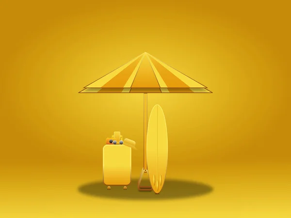 Vacation Umbrella Bag Camera Goggles Mobile Cap Isolated Yellow Background — Stock Photo, Image