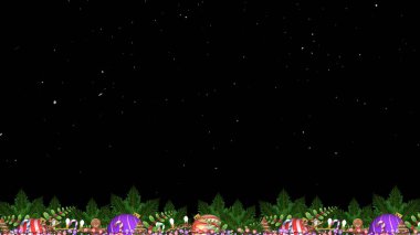 Bir çelenk köknar ve ikramlar alt çerçeve boyunca uzanır. Küçük beyaz noktalar gece hafif bir kar yağışı simülasyonu yapar..