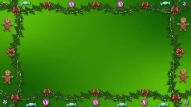 Kırmızı kurdeleler ve dağınık tatil şekerleriyle süslenmiş neşeli, detaylı yeşil bir çelenk ekran için zengin bir sınır oluşturur..