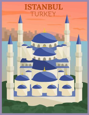 İstanbul, Türkiye 'nin retro ve vintage seyahat posterlerinin illüstrasyon vektör tasarımı