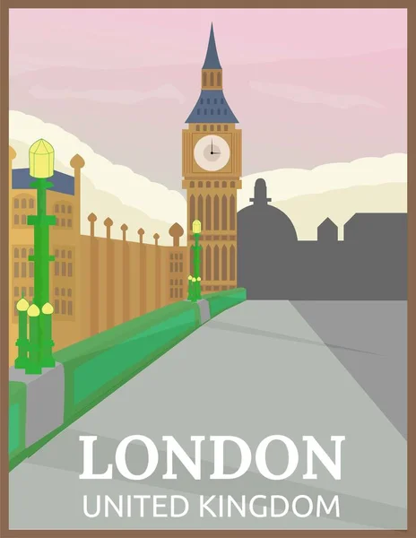 Illustration Vector Design Retro Vintage Travel Poster Big Ben London — стоковый вектор