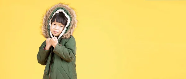 Adorable little Asian girl wearing a fur hooded winter green coat isolated on yellow background. Winter fashion, winter clothes. Wide crop, long horizontal banner, banner for website header Concept.