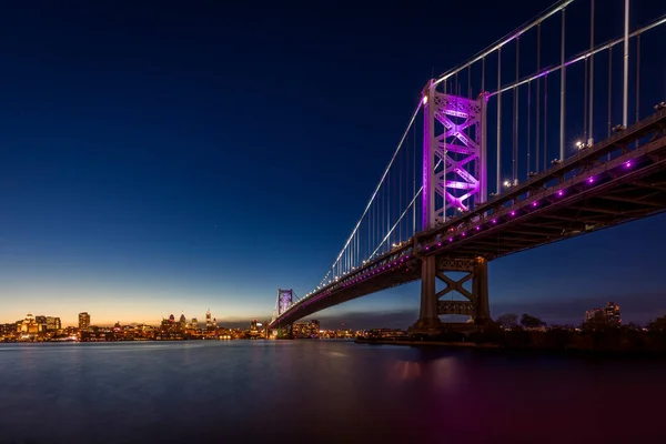 Philadelphia Skyline ve Benjamin Franklin Köprüsü, Camden, New Jersey 'den alacakaranlıkta görülüyor.