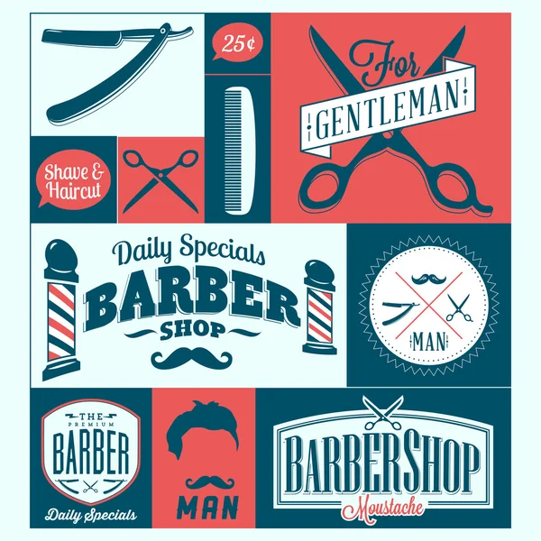 Vintage étiquettes de salon de coiffure, graphiques et icônes — Image vectorielle