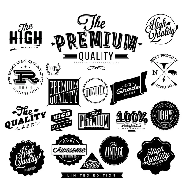 Qualidade Premium, alta qualidade e garantia Etiquetas retro design estilo vintage —  Vetores de Stock