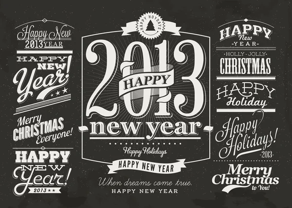 Happy New Year Labels and Merry Christmas typography — Stock Vector