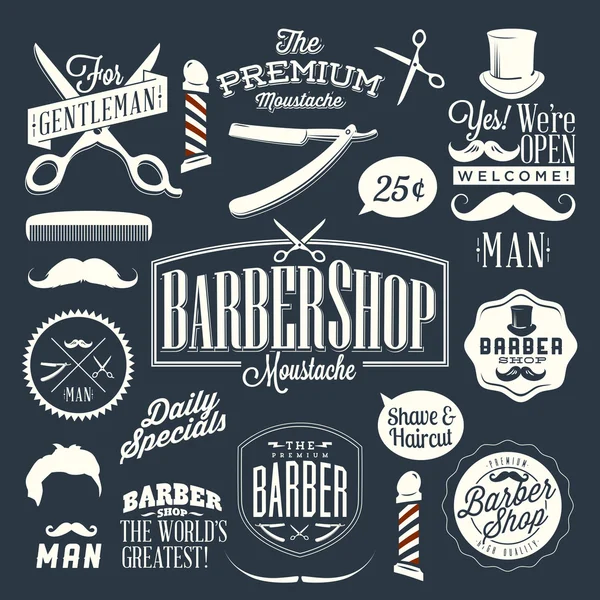 Etichette barbiere vintage, grafica e icone — Vettoriale Stock
