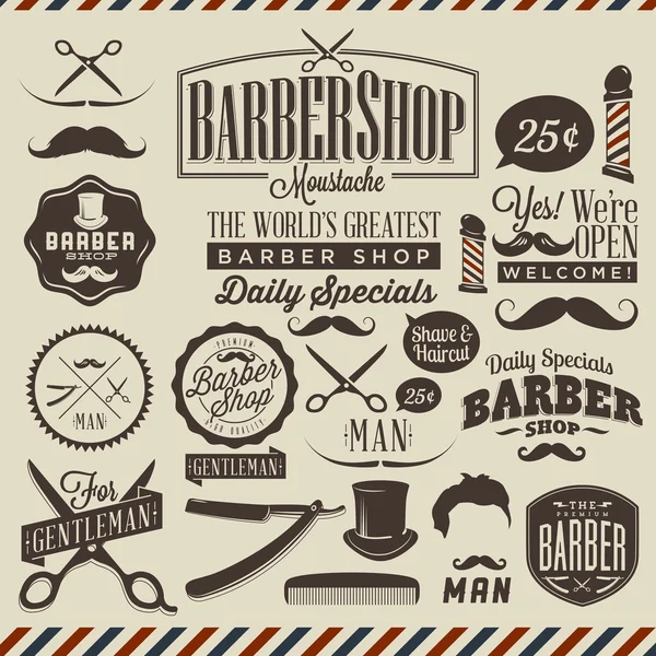 Vintage étiquettes de salon de coiffure, graphiques et icônes — Image vectorielle